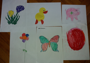 Obrazki: kwiata, motyla, świnki, kaczki.